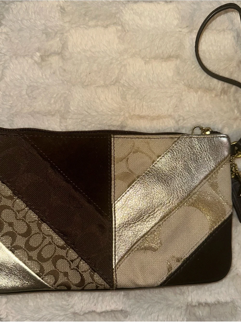 RARE Coach Signature Chevron Patchwork Wristlet Clutch Brown Gold Metallic Star